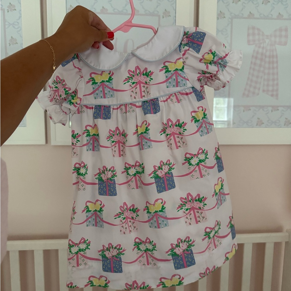 The Beaufort Bonnet Company White Dress with Pink and Green Gift Print